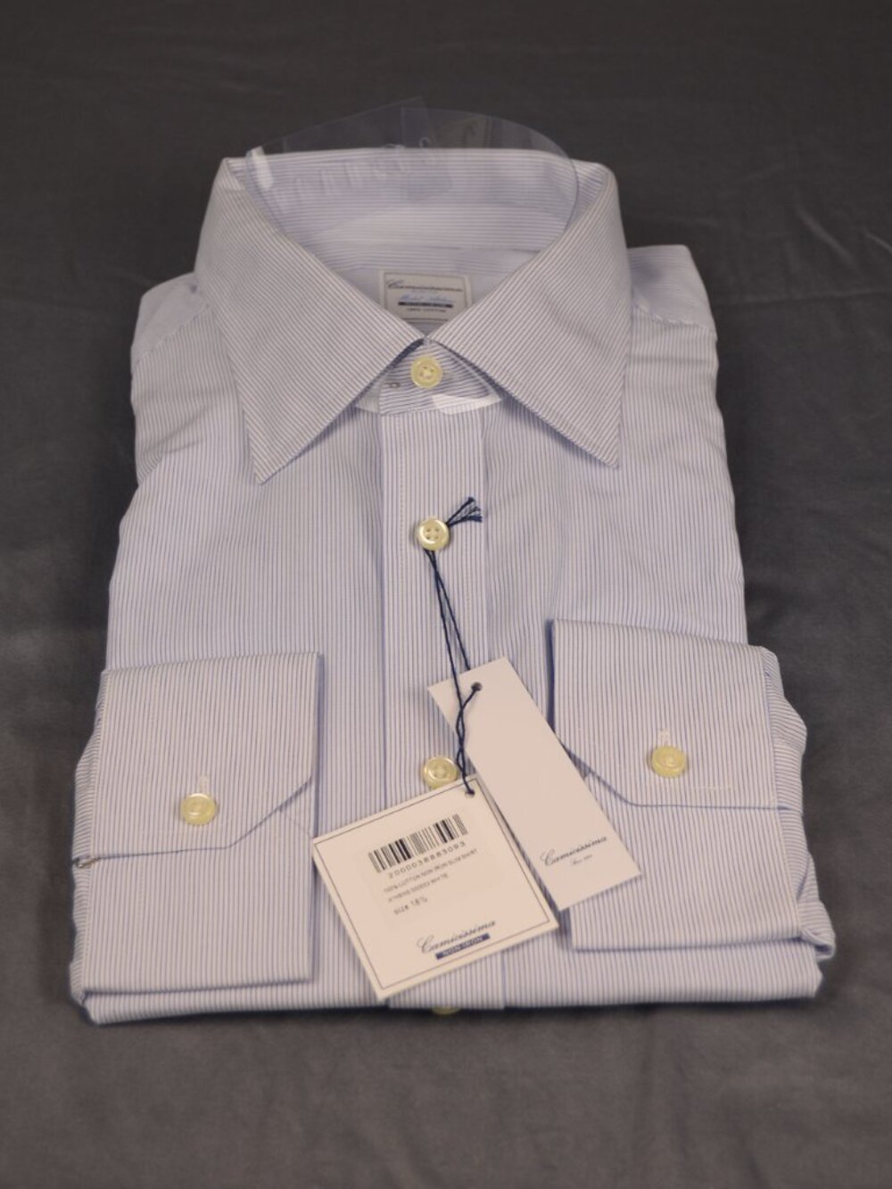 Camicissima Milano "Athens" Non-Iron Dress Shirt Blue White Stripe 18.5 Slim Fit